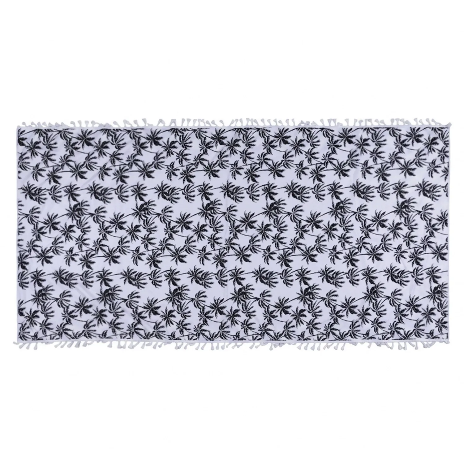 Black and white fringed towel showing an all-over pattern