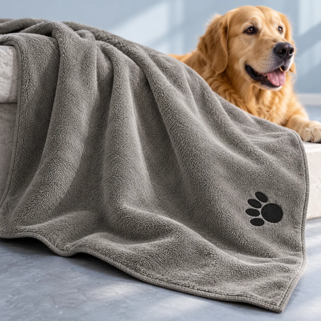 Grey pet towel in front of a golden dog