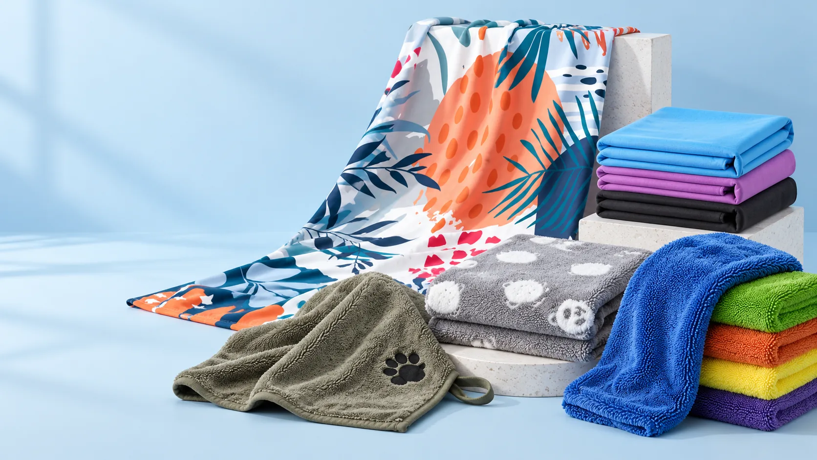 A coordinated group of beach, sport, bath, pet and automotive towels